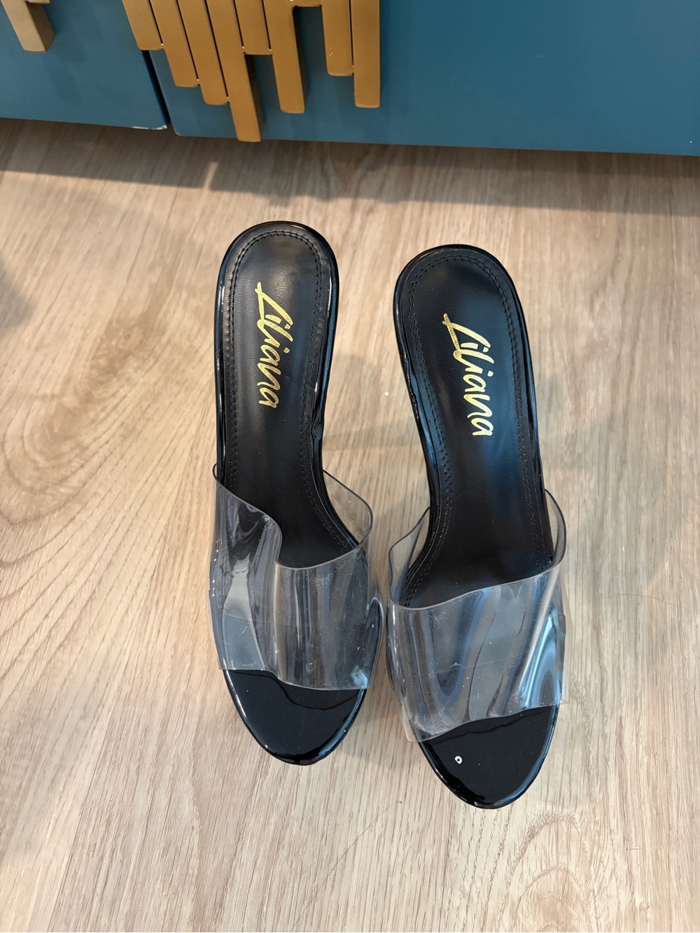 Liliana Black Slide Heels with Clear PVC Strap